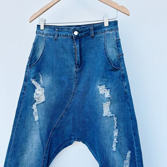 Mia Inspection Stretch Drop Crotch Harem Jeans Distressed 28 Medium Wash - Picture 4 of 9